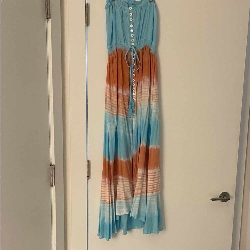 Blue and Orange Maxi Strapless Sun Dress